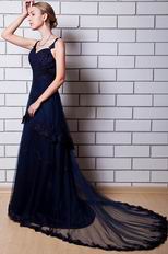 Spaghetti Straps Layers Skirt Navy Blue Formal Dress With Applique