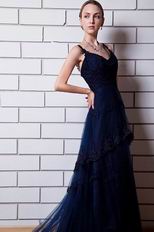 Spaghetti Straps Layers Skirt Navy Blue Formal Dress With Applique