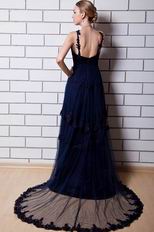 Spaghetti Straps Layers Skirt Navy Blue Formal Dress With Applique