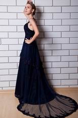 Spaghetti Straps Layers Skirt Navy Blue Formal Dress With Applique