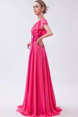 Modest Ruched Short Sleeves Draped Rose Pink Chiffon Prom Dress