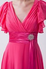 Modest Ruched Short Sleeves Draped Rose Pink Chiffon Prom Dress