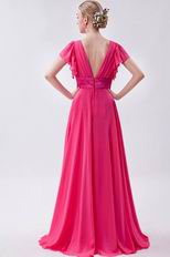 Modest Ruched Short Sleeves Draped Rose Pink Chiffon Prom Dress