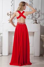 Fashionable Cross Back Scarlet Chiffon Prom Dress With Beaded Belt