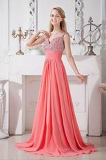 Straps Watermelon Chiffon Prom Dress With Flaring Beaded Bodice