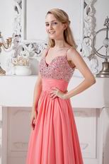 Straps Watermelon Chiffon Prom Dress With Flaring Beaded Bodice