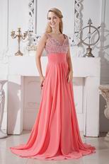 Straps Watermelon Chiffon Prom Dress With Flaring Beaded Bodice