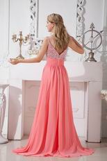 Straps Watermelon Chiffon Prom Dress With Flaring Beaded Bodice
