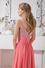 Straps Watermelon Chiffon Prom Dress With Flaring Beaded Bodice