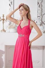 Pretty Halter Top Ruched Floor Length Deep Pink Formal Occasion Dress