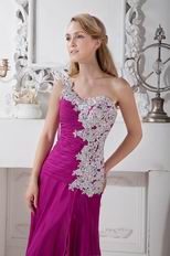 Appliqued One Shoulder Plum Chiffon Long Prom Dress With Split