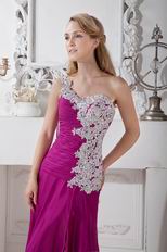 Appliqued One Shoulder Plum Chiffon Long Prom Dress With Split