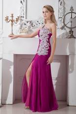 Appliqued One Shoulder Plum Chiffon Long Prom Dress With Split