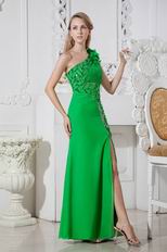 Unique One Shoulder Sequin Leaves Bright Green Prom Dress With Split