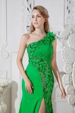 Unique One Shoulder Sequin Leaves Bright Green Prom Dress With Split