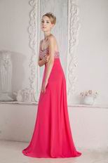 Pretty Beading Crystal Coral Red Chiffon Celebrity Prom Dresses