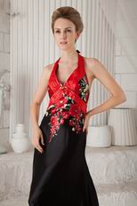 New Arrival Red and Black Printed Flowers Halter Prom Dress