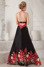 New Arrival Red and Black Printed Flowers Halter Prom Dress