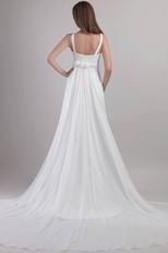 Watteau Train White Chiffon Prom Gown With Handmade Flowers