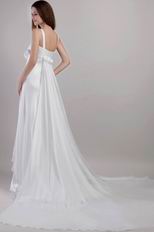 Watteau Train White Chiffon Prom Gown With Handmade Flowers