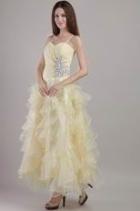 Prom Dress Side Beaded Light Yellow Ruffles Organza Skirt