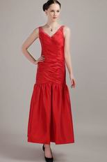 V Neckline Tea-length Red Taffeta Prom Dress Designer