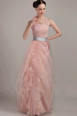 One Shoulder Ruffles Skirt Pink Prom Dress With Silver Belt