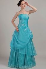 Strapless A-line Skirt Teal Blue Prom Dress With Applique