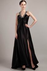 Sexy V-neck Cross Backless Long Black Chiffon Prom Dress With Split