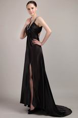 Sexy V-neck Cross Backless Long Black Chiffon Prom Dress With Split