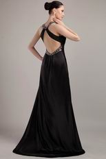 Sexy V-neck Cross Backless Long Black Chiffon Prom Dress With Split