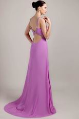 V Neckline Lilac Chiffon Handmade Long A-line Prom Dress