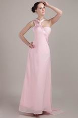 Empire Waist Floor Length Baby Pink Prom Dress With Side Drapped