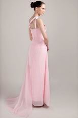 Empire Waist Floor Length Baby Pink Prom Dress With Side Drapped