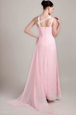 Empire Waist Floor Length Baby Pink Prom Dress With Side Drapped