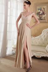 Top Designer V-neck Champagne Prom Dress With Side Split