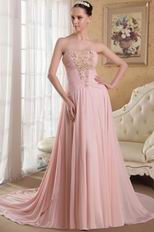 Strapless Panel Train Pink Prom Dress With Flowers Emberllish