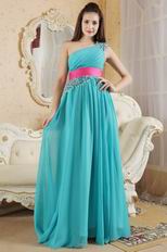 One Shoulder Turquoise Prom Dress With Fuchsia Sash