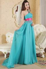 One Shoulder Turquoise Prom Dress With Fuchsia Sash