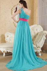 One Shoulder Turquoise Prom Dress With Fuchsia Sash