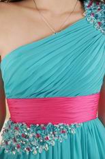 One Shoulder Turquoise Prom Dress With Fuchsia Sash