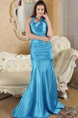 Side Halter Cross Back Beaded Mermaid Sky Blue Prom Dress