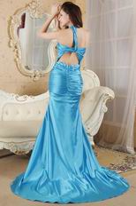 Side Halter Cross Back Beaded Mermaid Sky Blue Prom Dress