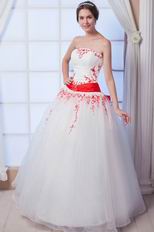 Elegant Strapless White Puffy Prom Ball Gown With Red Embroidery