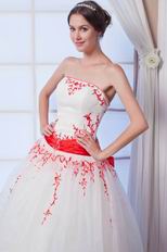 Elegant Strapless White Puffy Prom Ball Gown With Red Embroidery