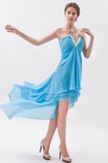 V-Shaped Strapless Asymmetrical High Low Layers Aqua Prom Gown