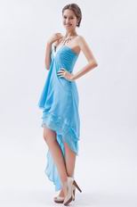 V-Shaped Strapless Asymmetrical High Low Layers Aqua Prom Gown