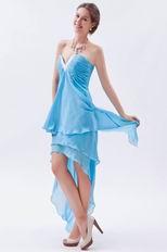 V-Shaped Strapless Asymmetrical High Low Layers Aqua Prom Gown