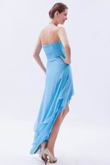 V-Shaped Strapless Asymmetrical High Low Layers Aqua Prom Gown