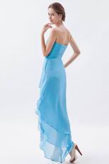 V-Shaped Strapless Asymmetrical High Low Layers Aqua Prom Gown